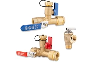 Janhemei Isolator Tankless Water Heater Valve Kit with Pressure Relief Valve, 3/4 Inch IPS Water Heater Flush Kit, Clean Brass