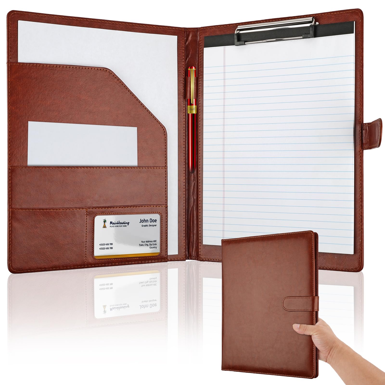 Photo 1 of Professional Padfolio with Clipboard, Faux Leather Portfolio Folder Binder, Legal Pad Holder for A4 Letter Size Notepad, Resume, Writing Pad, Ideal Organizer for Business Office Conference (Brown)