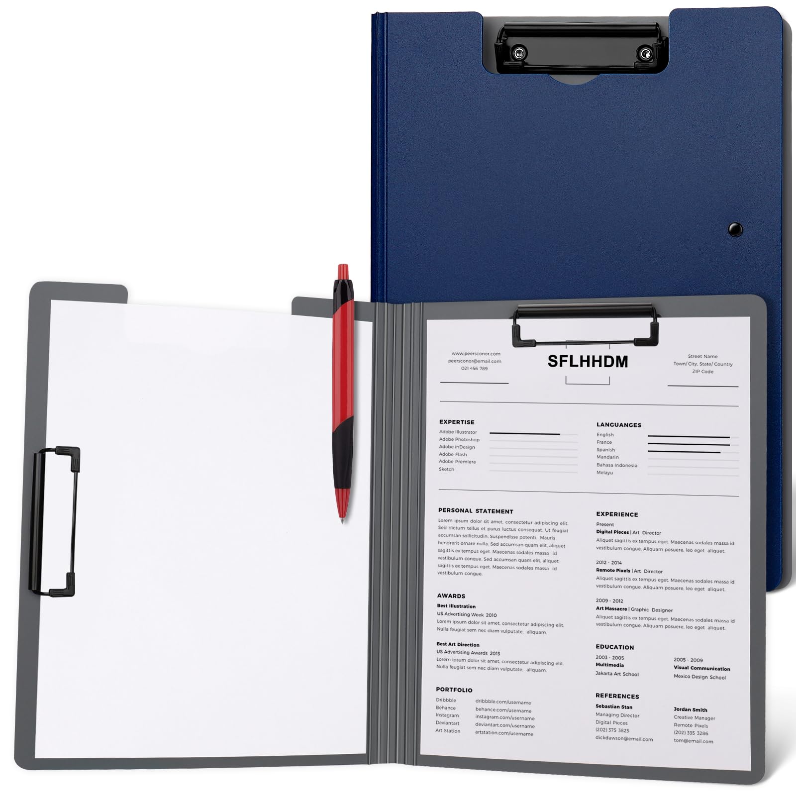 Photo 1 of 1 PCS A4 Clipboards Foldable,Folding Clipboard,360°Cover Folder Clipboard,Plastic Clipboards with Double Low Profile Clip,A4 Size File Folder Storag Clip Board for A3 A4 Paper Clip Boards-Navy Blue