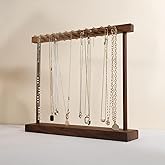 GemeShou Medium necklace hanger shelf with 12 copper bars, Wooden jewelry storage organizer rack for hanger necklace bracelet, necklace display stand for boutique store【Walnut】