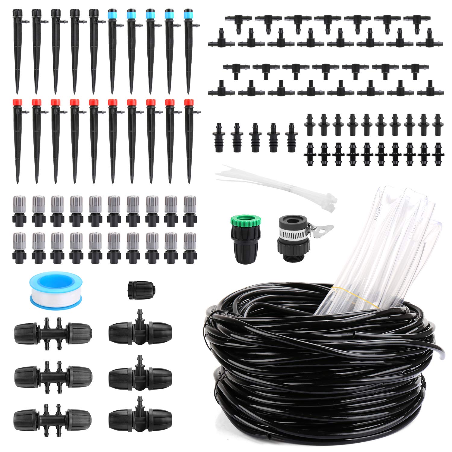 Flantor Garden Irrigation Kit,131ft 1/4" + 10ft 1/2" Drip Irrigation Kit Garden Irrigation System with Adjustable Nozzle Dripper Automatic Irrigation Equipment Set for Garden,Greenhouse, Patio,Lawn