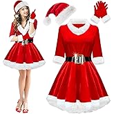 Mukum Mrs. Claus Costumes for Women 4PCS Santa Claus Costume Women Velvet Santa Dress Hat Gloves for Christmas Party