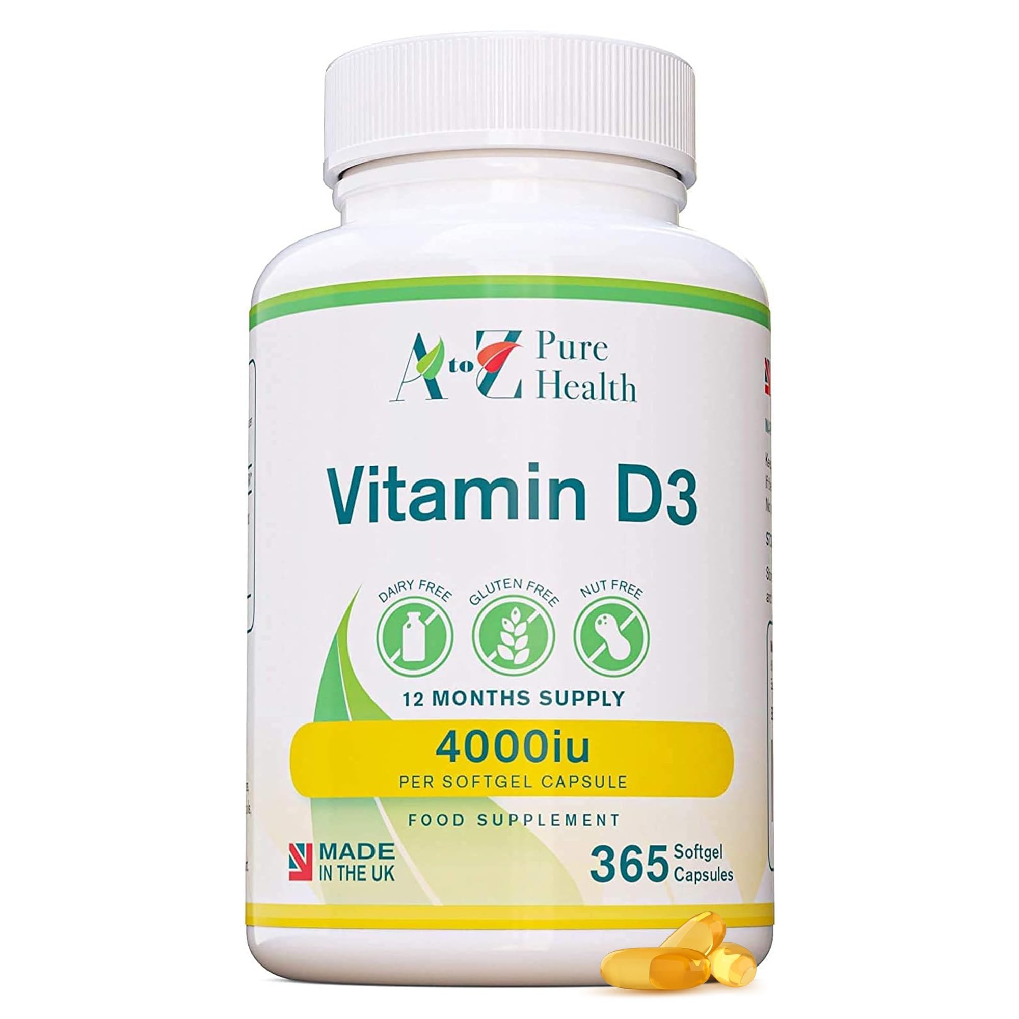 Vitamin D3 4000iu 1 Year Supply | Premium High Strength Supplement | 365 Easy to Swallow Softgel Capsule | One a Day, Year Supply | Supports Healthy Bones, Teeth, Muscle and Immune System | UK Made