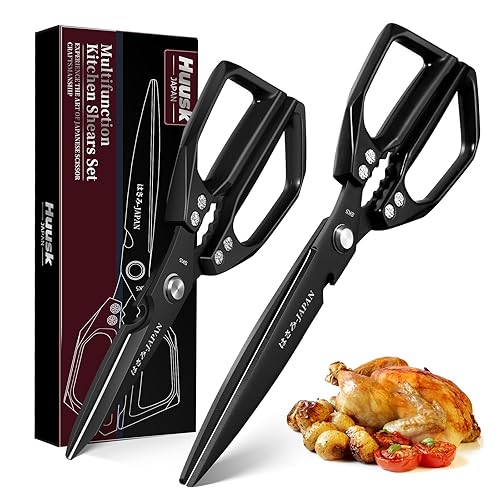 HUUSK Kitchen Scissors Set Black - Upgraded Stainless Steel Kitchen Shear, Sharp Meat Scissors, Heavy Duty Poultry Shears, Japanese Cooking Scissor for Food, Chicken Bones, and Turkey, Dishwasher Safe