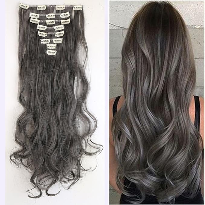 24"(61cm) Full Head Clip in Hair Extensions 8 Piece 18clips Curly Dark Grey Real Thick 170g