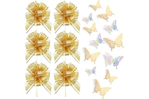 JESTOP 6Pcs Pull Bows Gift Wrapping, Birthday Gift Bows, 6In Big Glod Bow & 24Pcs Butterflies Flower Decor, Mother's Day Ribbon Bows for Party Decor, Graduation Gift Baskets, Wedding Decor