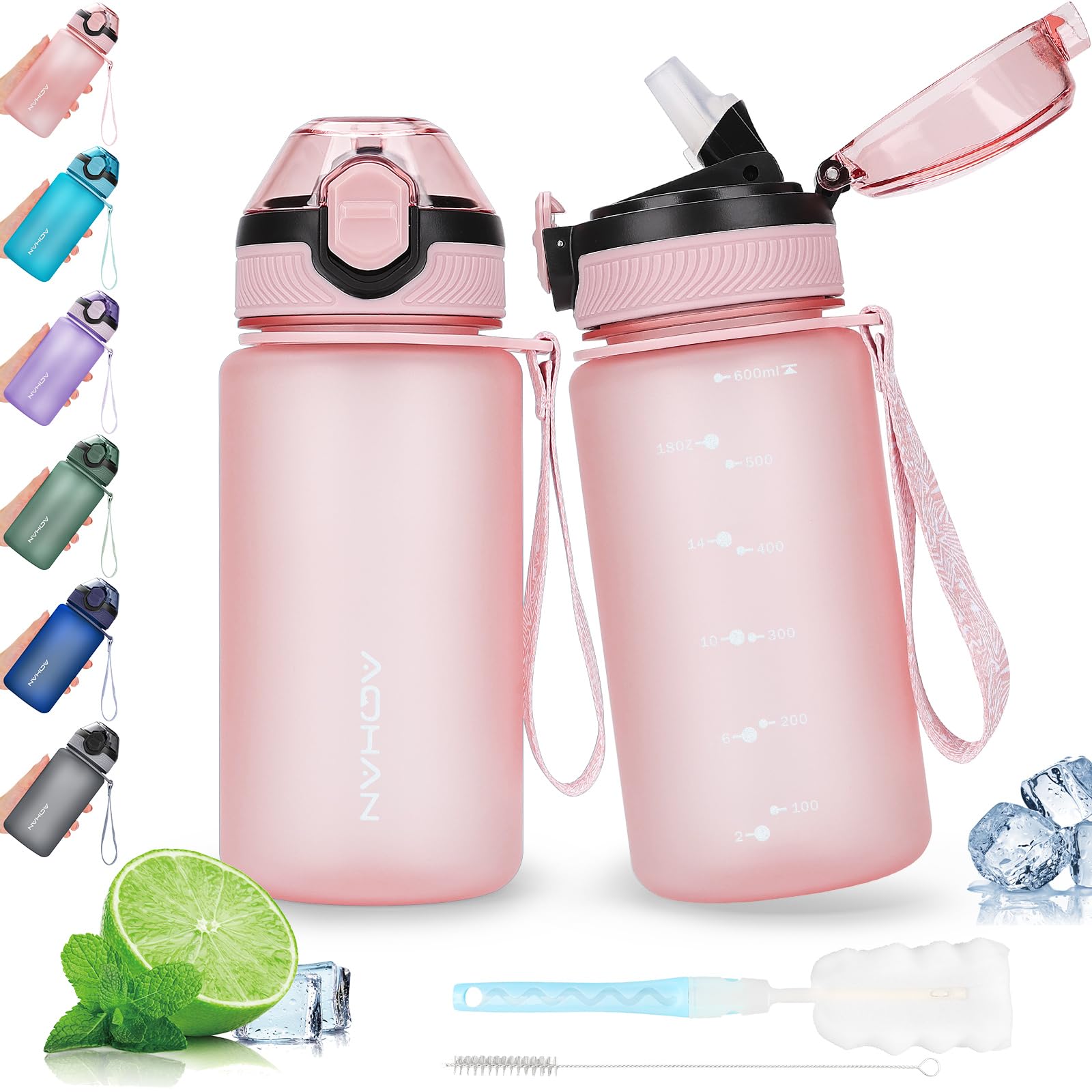 AOHAN 600ML Water Bottle with Leak Proof Flip Top Lid, BPA Free Sport Drinking Bottle with Straw, Dishwasher Safe Water Bottle Non-Toxic Water Jug with Carrying Strap