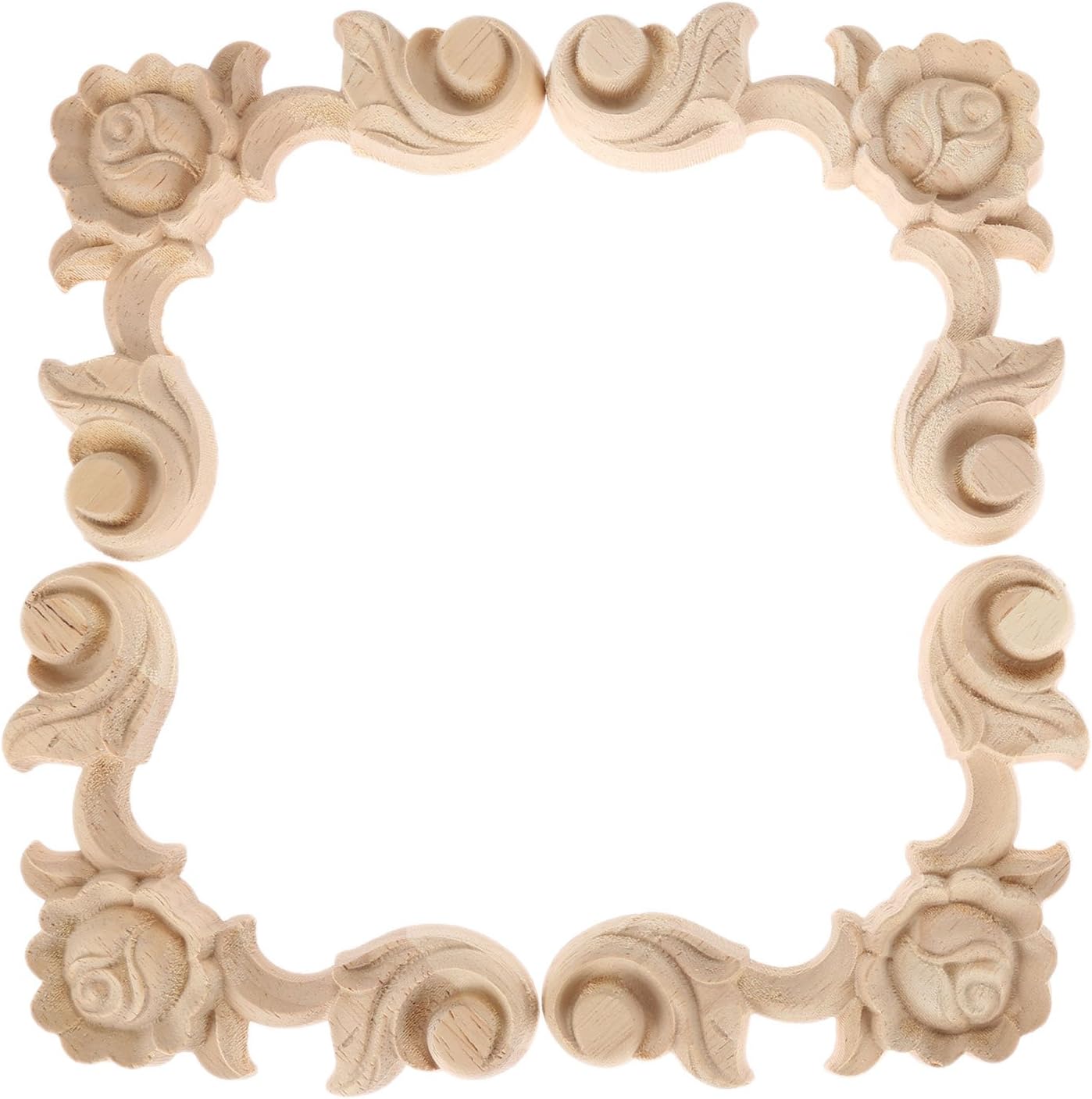 MUXSAM 4PCS Wood Carved Applique Onlay for Furniture Center Rose Floral Decal Unpainted Durable Home Corner Frame Decoration(10x10cm/3.94