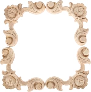 MUXSAM 4PCS Wood Carved Applique Onlay for Furniture Center Rose Floral Decal Unpainted Durable Home Corner Frame Decoration(10x10cm/3.94