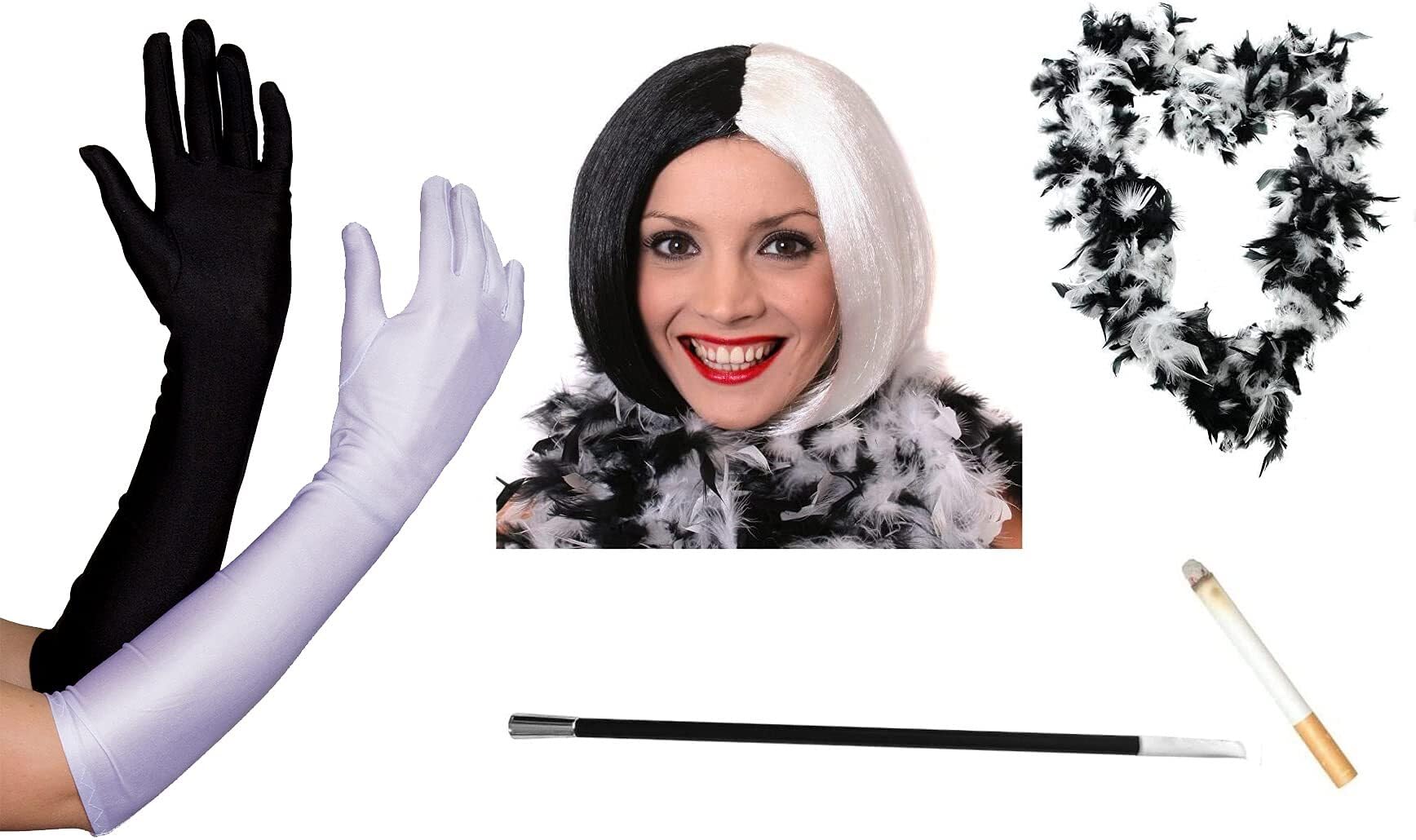 Deluxe Evil Dog Lady Accessory Set - Black & White Bob Wig, Gloves, Feather Boa, Cigarette Holder and Fake Cigarettes - Adults Halloween World Book Day Fancy Dress Costume Accessory Set