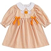 Toddler Little Baby Girl Halloween Outfit Pumpkin Dress Long Sleeve Plaid Smocked Dress Cute Fall Clothes
