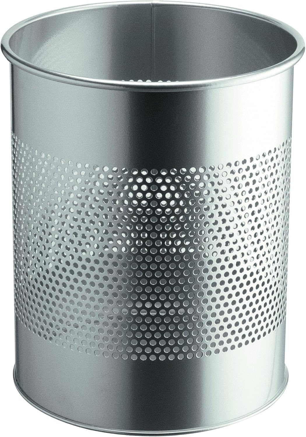 Durable Metal Round Waste Bin Silver 15 Litre Capacity, Stylish 165 mm Perforated Ring, Waste Basket for Offices, Schools, Home, etc.