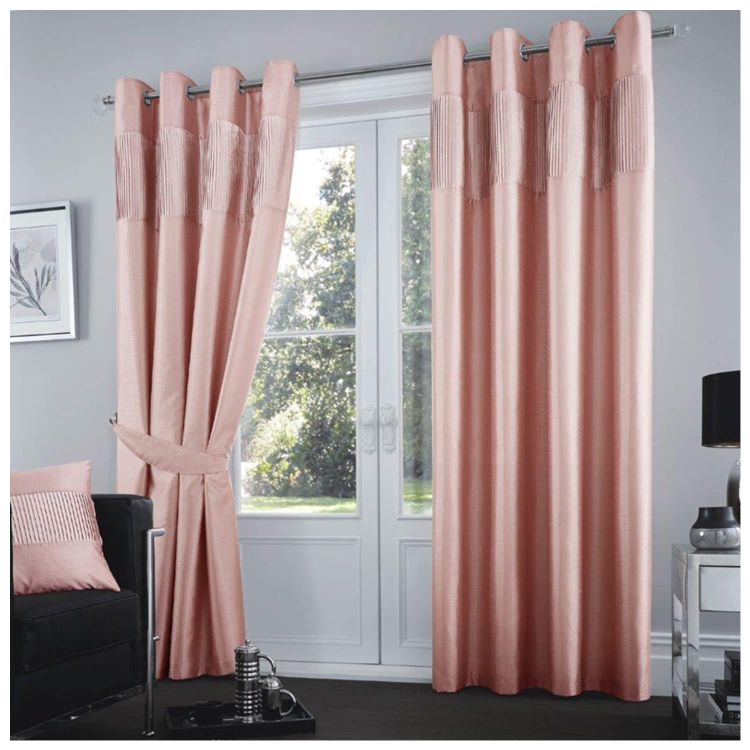 GC GAVENO CAVAILIA Shiny Stripe Door Curtains For Living Room, Ring Top Window Panels With Matching Tie Backs, 90 X 90, Blush Pink