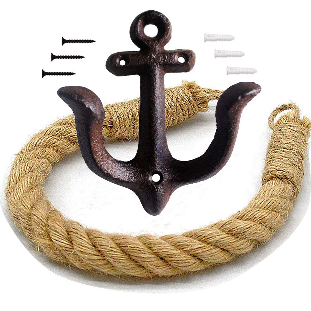 Nautical Rope Toilet Paper Holder Antique Bathroom Towel Holder Tie-back Curtain Rack Wall Mounted Metal Anchor Hook Design for Beach Themed Bathroom Decor