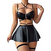 Gulinala Women Sexy Leather Lingerie Set Choker Chain Mini Lingerie Dress Strappy Bra Skirt Outfits