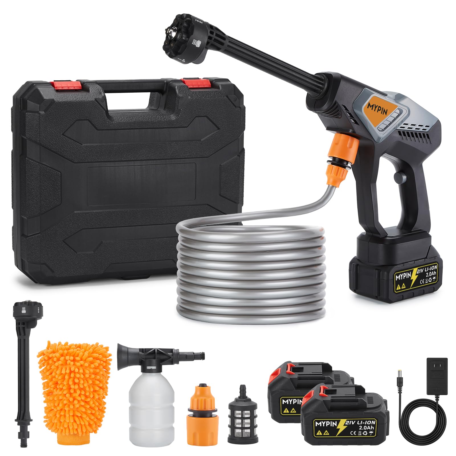 Photo 1 of Portable Cordless Pressure Washer, 600 PSI with 21V 2 Rechargeable 2.0Ah Powered Pressure Washer, 6-in-1 Nozzle with 2 Batteries for Car/Fence/Garden/Floor/Yards Cleaning