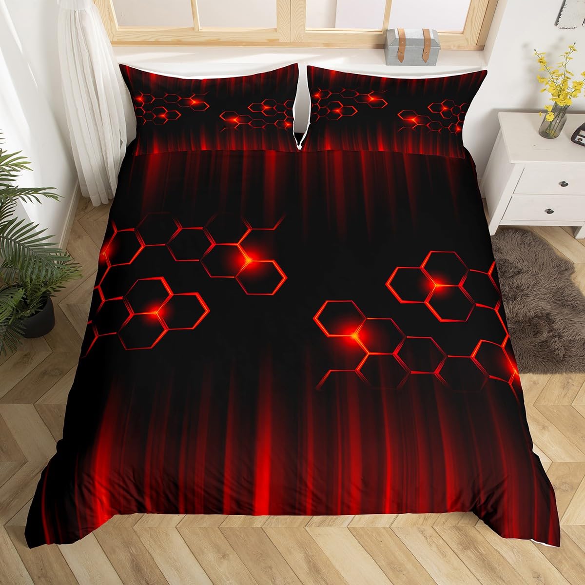 feelingyou Red Neon Duvet Cover,Kids Honeycomb Bedding Set,Abstract Ombre Comforter Cover for Boys Girls Room Decor,Red and Black Stripe Lightweight Bedspread Cover Single Size with 1 Pillow Case