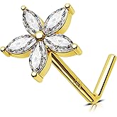 Jewseen 14K Gold Nose Ring Flower Nose Stud L Shaped 20G Nose Rings Nose Piercing Jewelry Nose Screw Nostril Piercing Nostril Ring with CZ Gold Nose Bone Dangle Nose Ring for Women Men