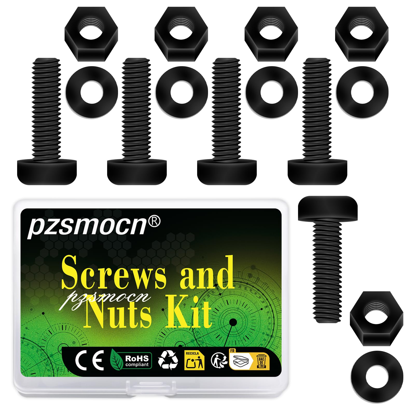 Pzsmocn 300 Pieces/100 Sets M3*18 mm Plastic Black Nylon Cross Round Head Screw Hexagonal Nut Combination Kit, with Insulating Washers, Standard Size, For DIY and Electronic Assembly. — image 1