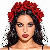 JEAIRTS Gothic Red Rose Headband Black Mesh Halloween Costume Accessories | Soft fabric roses,sparkly rhinestone mesh,Day of the Dead headpiece,vampire cosplay,carnival party,adjustable comfy wear