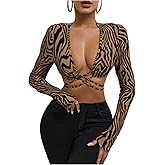 Milumia Women's Zebra Striped Long Sleeve Crop Top Sexy Deep V Neck Tie Back Party Rave Tops
