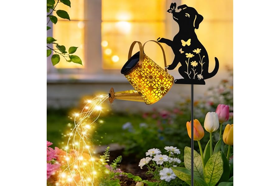 VOOKRY Solar Watering Can Lights Outdoor with Dog Silhouette Stake, Garden Gifts for Mom, Women & Garden Lovers Waterproof Metal Garden Lantern, Decorative Yard Patio Lawn Pathway Decor(1 Pack)