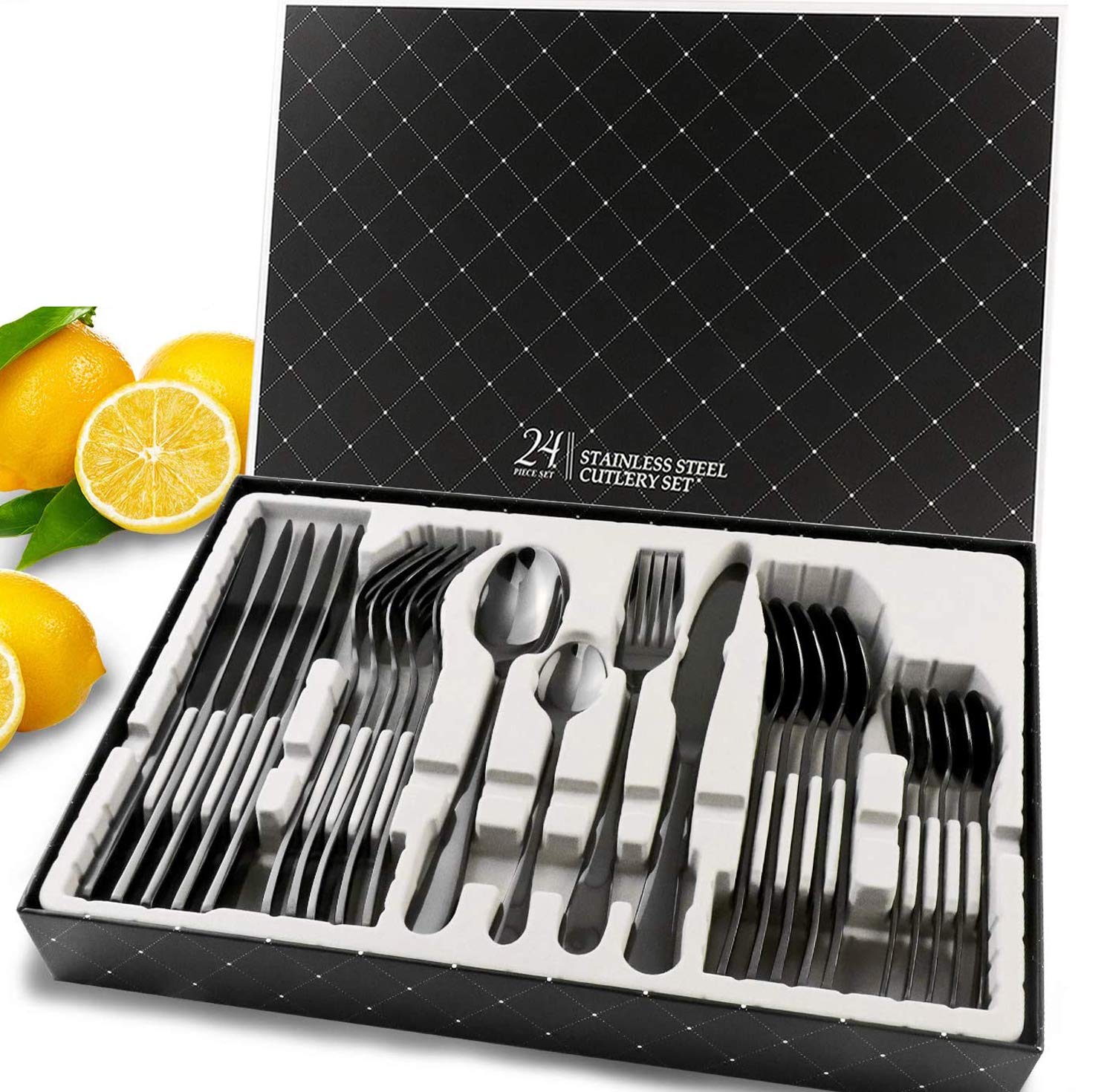 Cutlery Set, HOBO Black 24-Piece Stainless Steel Flatware Set, Silverware Dinnerware Set Service for 6, Tableware Cutlery Include Knife/Fork/Spoon/Teaspoon for Home with Gift Box