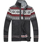 Kedera Men's Jacquard Full Zip Cardigan Stand Collar Thick Knitted Sweater | Thick knitted fabric, fair isle jacquard pattern, stand collar full zip closure, long sleeve men cardigan, holiday outfits
