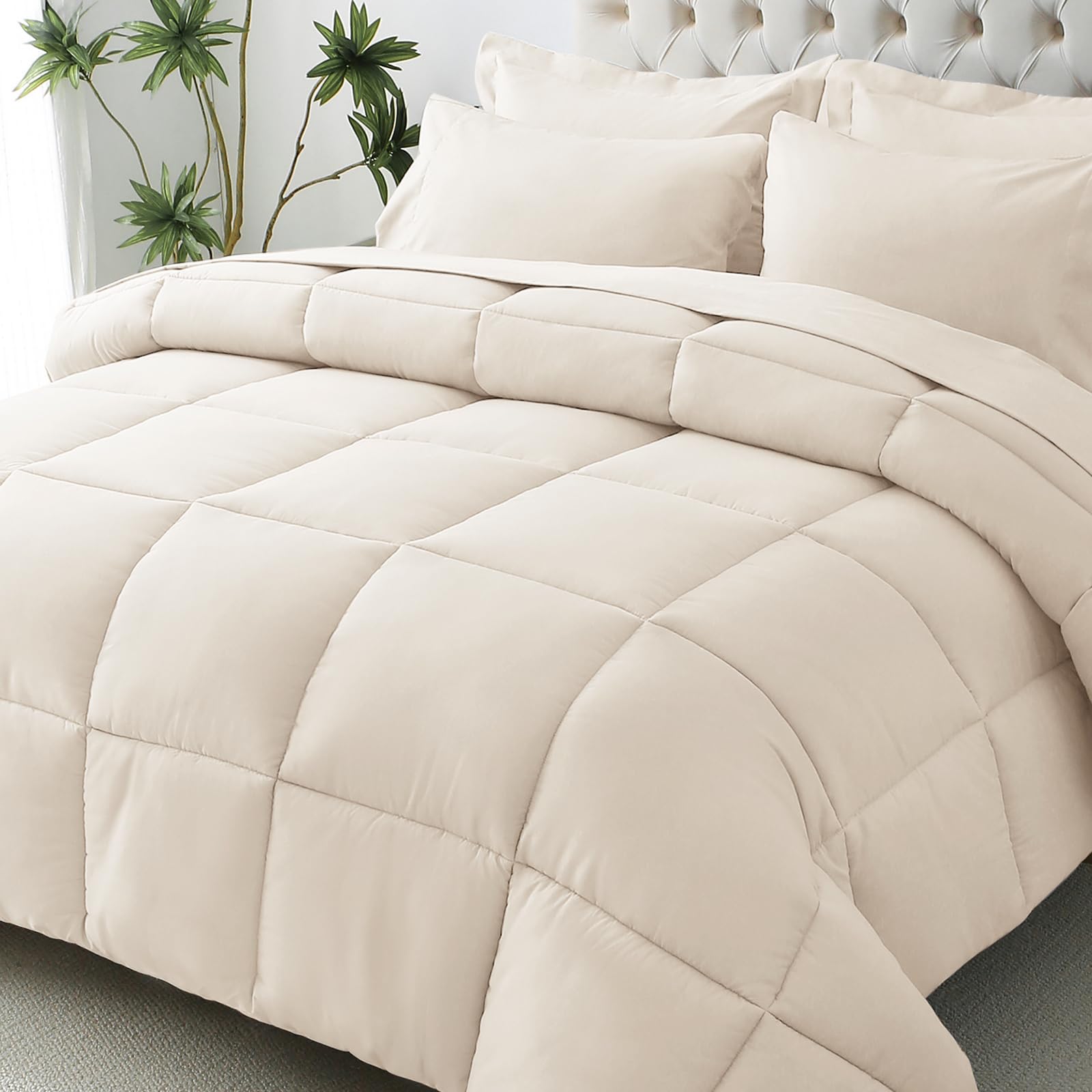 View 1 of JOLLYVOGUE Queen Comforter Set, Ultra-Soft Queen Size Comforter Sets, 7-Piece Bed in a Bag, Goose Down Alternative, Oeko-TEX Certified, Sheets & Pillowcases, Beige