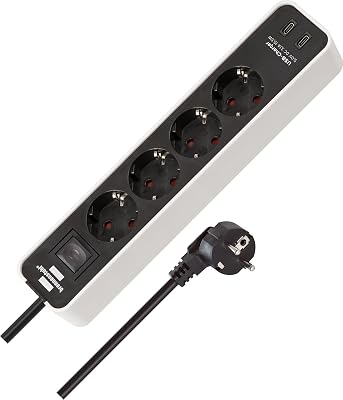 Ecolor Regleta de enchufes de 4 vías con Enchufe USB (Regleta con 2X USB C, Interruptor y Cable de 1,5m) Blanco/Negro