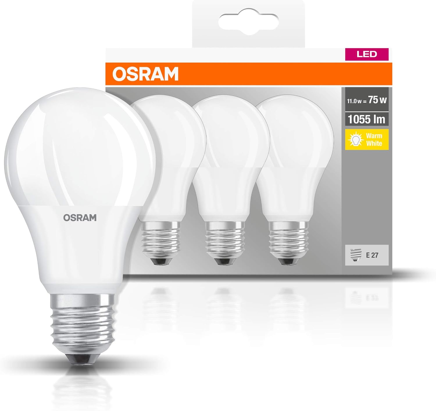 OSRAM LED BASE CLASSIC A / LED lamp, classic bulb shape: E27, 9 W, 220…240 V, 75 W replacement, frosted, Beam angle: 150 °