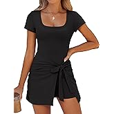 Caracilia Women Summer Short Sleeve Square Neck Bodycon Tie Cinched Waist Romper Mini Dress Athletic Night Out Vacation Dress