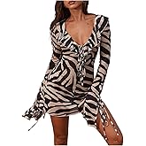 SweatyRocks Women's Zebra Print Deep V Neck Y2k Mini Dress Long Sleeve Mesh Short Dresses Beach Vacation Cover Up