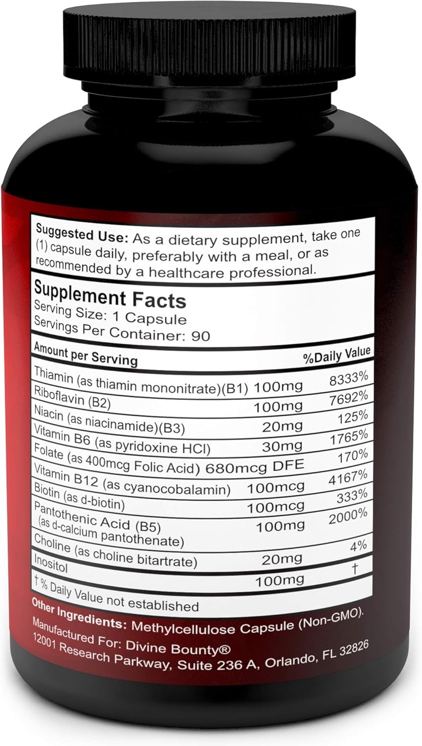 Super B Complex Vitamins - All B Vitamins Including B12, B1, B2, B3, B5, B6, B7, B9, Folic Acid - Vitamin B Complex Supplement - Support Healthy Energy Metabolism - 90 Vegetarian Capsules: Health & Personal Care