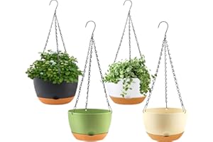 KPUVX 4 Pack Hanging Planter for Plants Indoor,8 Inch Plant Pot Outdoor Plastic Hanging Baskets with Drainage Holes and Chain for Garden Porch Plants(White+Black+Green+Beige)