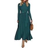 ZESICA Womens 2026 Spring Turtleneck Long Sleeve Sweater Dress Tie Waist Casual Loose Ribbed Knit A Line Midi Dresses