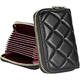 DORIS&JACKY Quilted Leather Credit Card Holder for Women Small Lambskin Zipper Card Case Wallet With 9 Card Slots (1-Black)