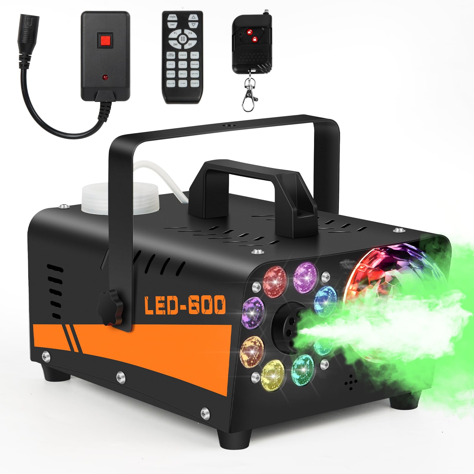Photo 1 of Fog Machine, Smoke Machine with Disco Ball Lights, 600W Power and 3000CFM Fog Output Fog Machine with 13 Colors LED Lights Wireless Remote Control Perfect for Parties, Wedding, Birthday, DJ Stage