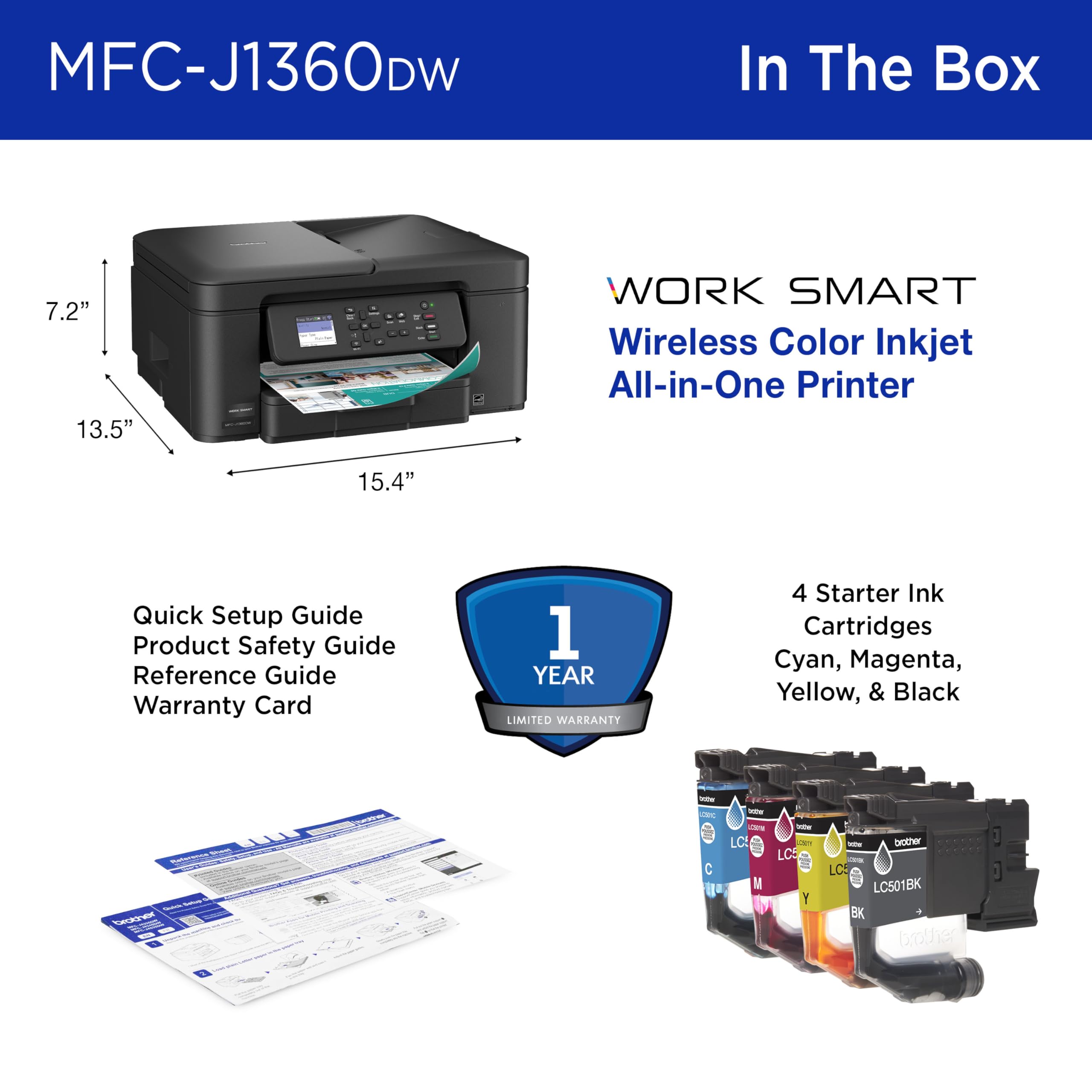 Brother Work Smart 1360 Wireless Color Inkjet All-in-One Printer with Automatic Duplex Printing and 1.8” Color Display | Includes Refresh Subscription Trial(1) (MFC-J1360DW) (Uses LC501 Series Inks)