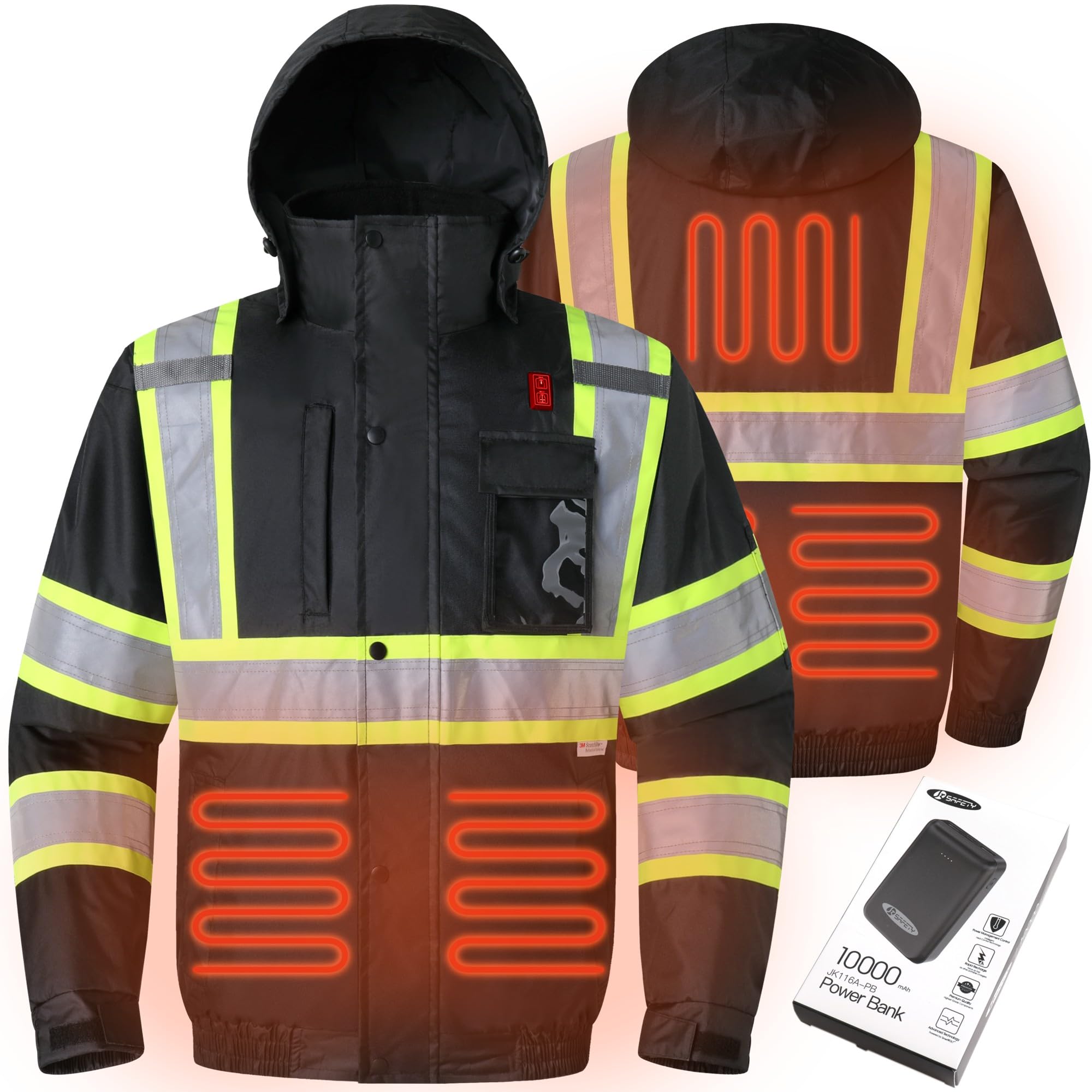 Photo 1 of JKSafety Heated Safety Jacket with 3M Reflective Strips for Men and Women | HiVis Construction Work Jacket for Winter | Cold Weather PPE | ANSI Complaint (116A-Black XL)