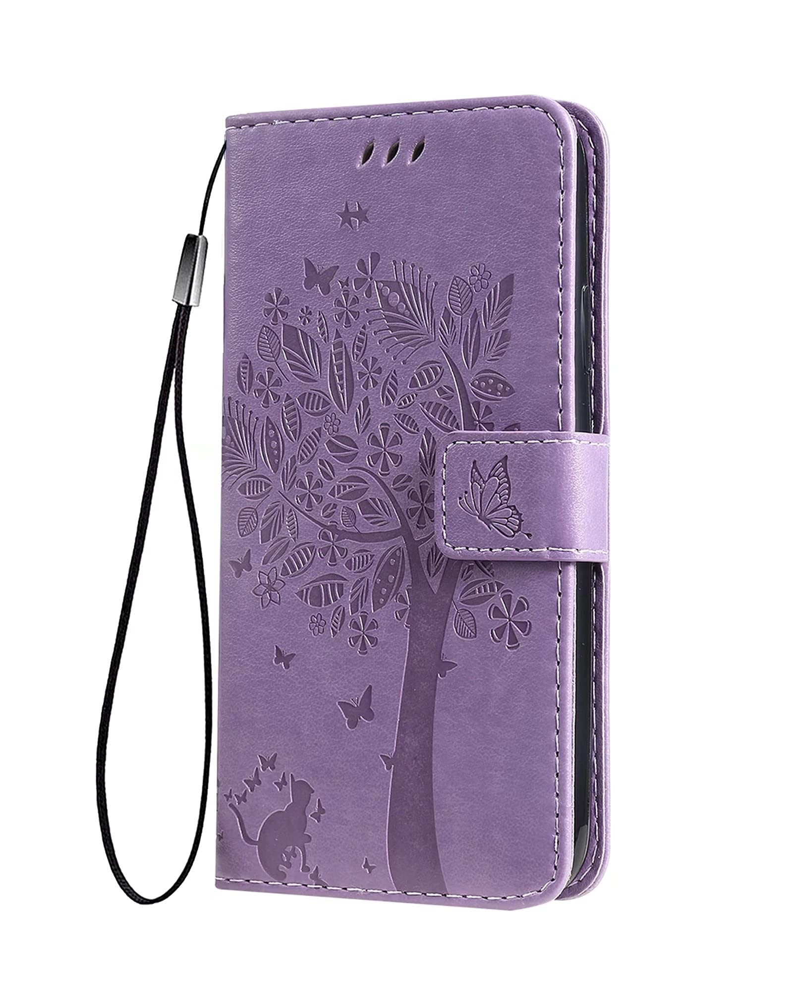 SEAHAI Case for Google Pixel 9 Pro XL Wallet Case, Pretty Embossed Leaves and Cat Pattern Premium PU Leather Book Style Flip Cover Shockproof Case, Lavender