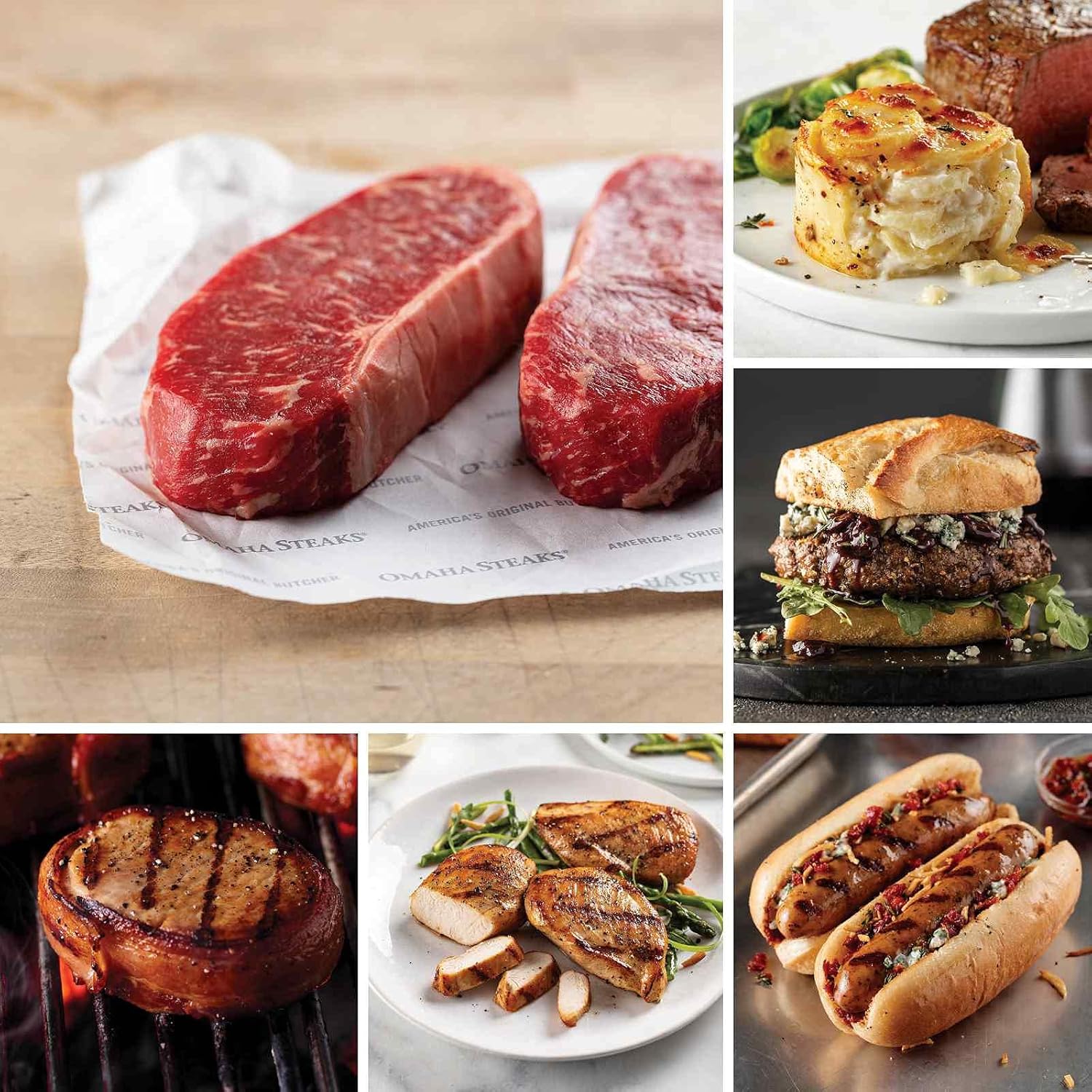 Steaks & More Grill Pack from Omaha Steaks (Butcher's Cut New York Strip, Bacon-Wrapped Pork Chops, Butcher's Cut Chicken Breasts, Roasted Garlic & Asiago Chicken Sausages, and more)