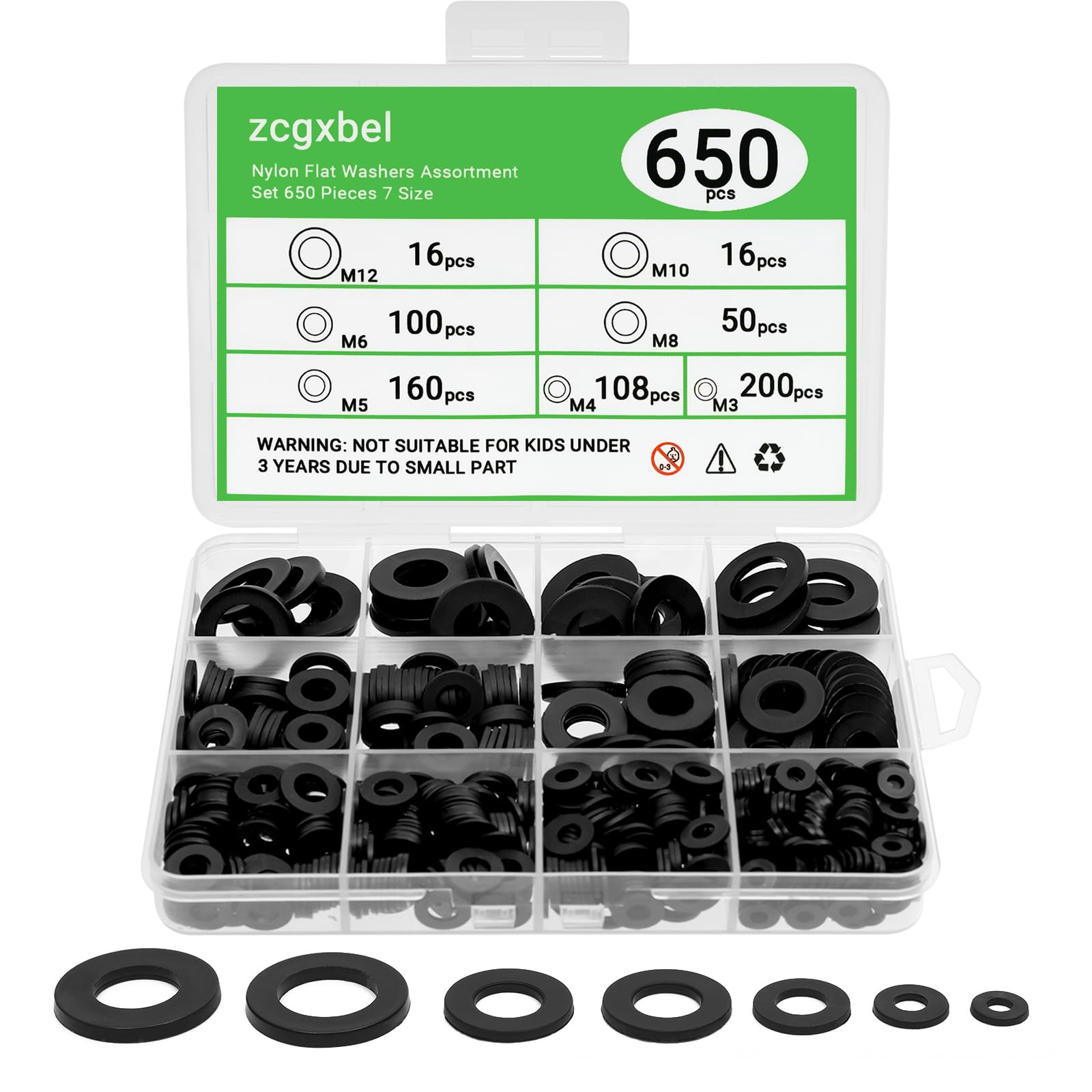 Photo 1 of 650-pieces Nylon Flat Washer for Screws Bolts,7 Sizes Black Plastic Washers Assortment Kit (M3-M12),Assorted Screw Washers Washer Set for Household & Commercial