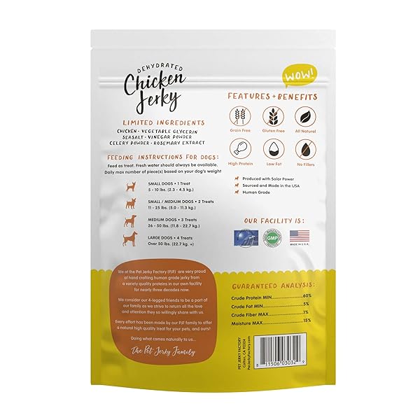 PET JERKY FACTORY PREMIUM WHOLE MUSCLE CHICKEN 5 OZ. DOG JERKY TREATS | 100% HUMAN GRADE | USA MADE | HIGH PROTEIN | GRAIN FREE | LIMITED INGREDIENTS | NO FILLER | BHA-BHT FREE | CHEWY TEXTURE