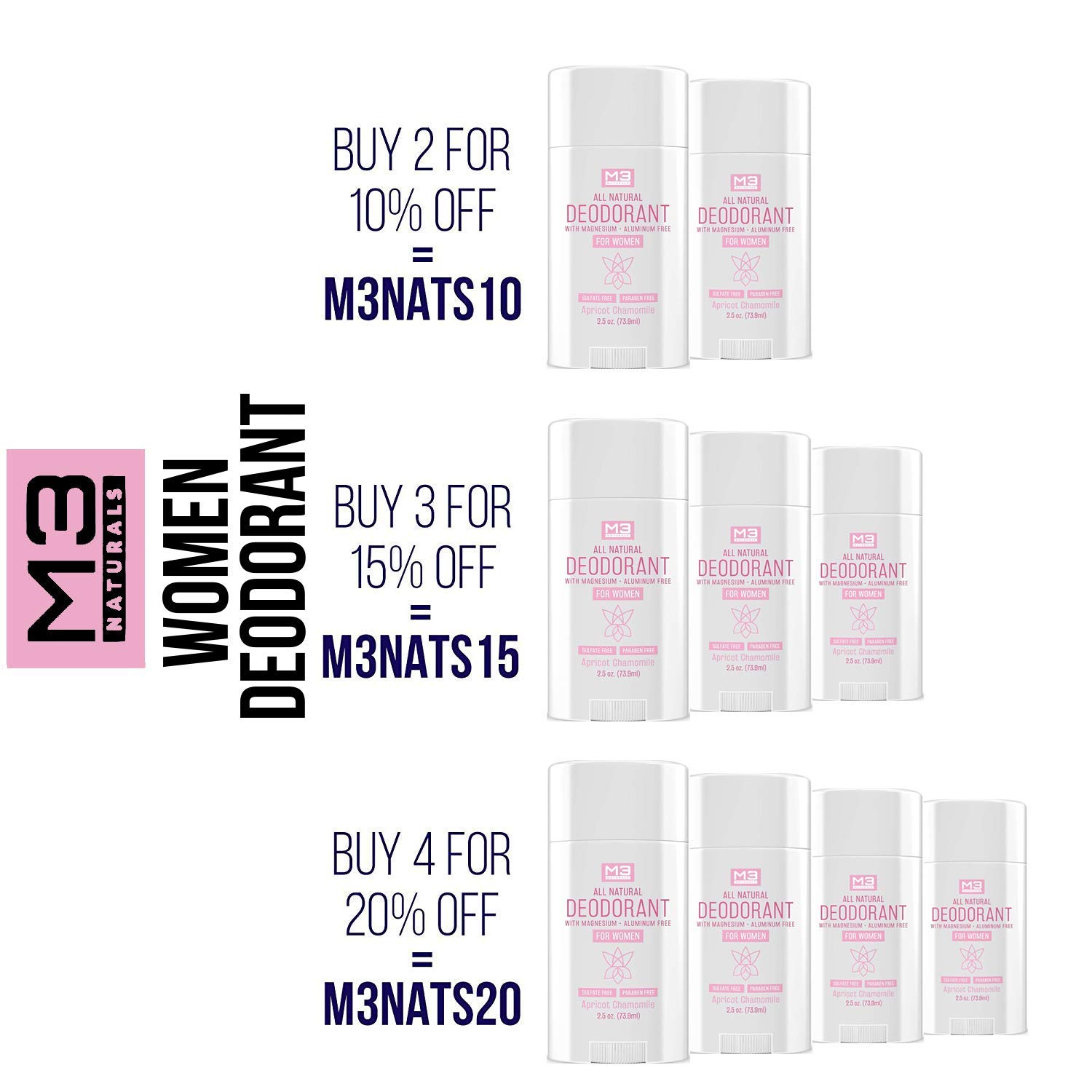 M3 Naturals All Natural Deodorant for Women with Magnesium, Apricot and Chamomile - Long-Lasting, Non-Toxic, Free of Aluminum, Baking Soda, Parabens, Sulfates and Gluten – Vegan, Organic 2.5 oz : Beauty