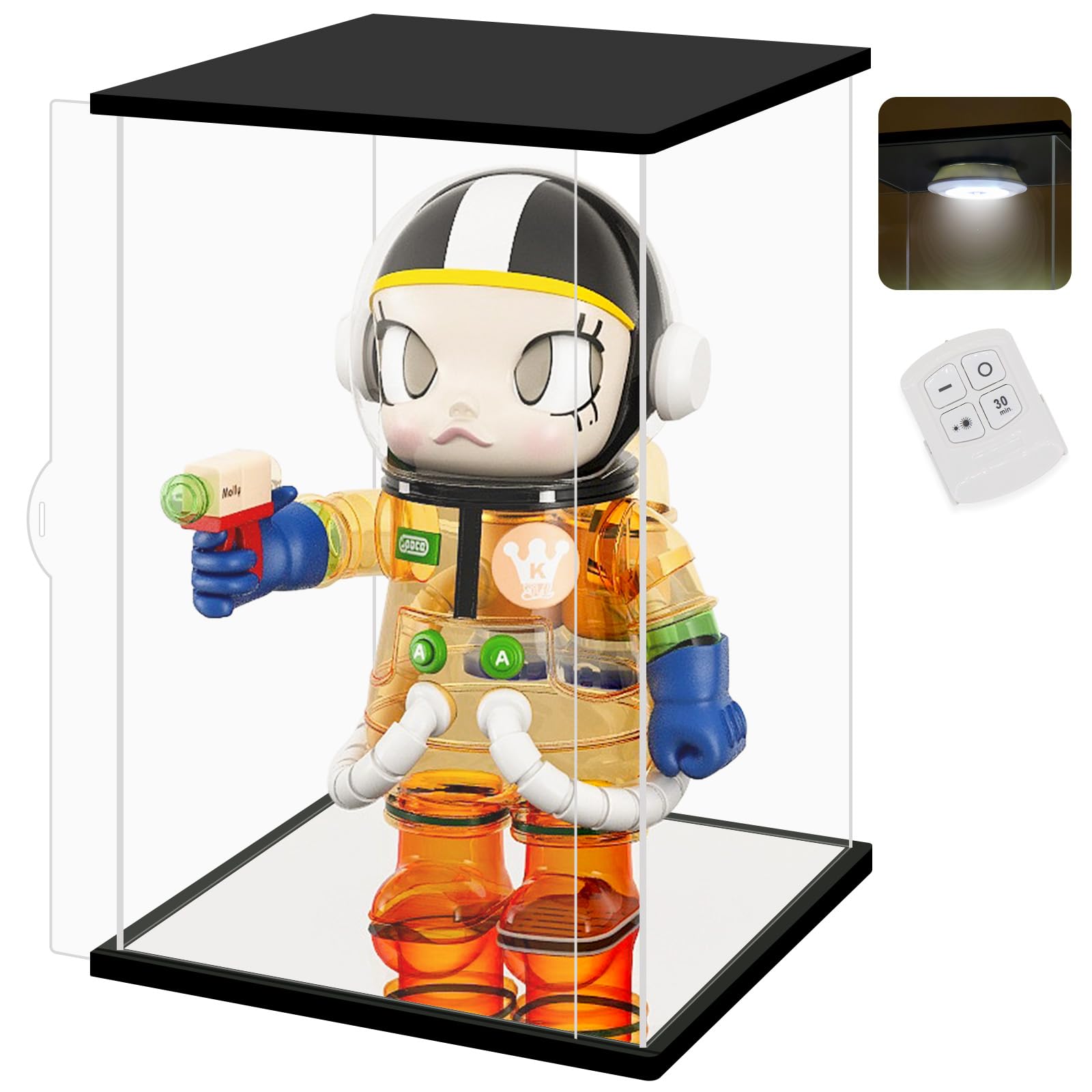 NONEMEY Clear Acrylic Display Case with Remote Control Light for 400% Pop Mart labubu，Dustproof Model Showcase Organizer Box, Display Case for Collectibles (9.8x9.8x13.8inch,25x25x35cm) — image 1