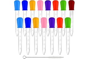 OKXIRI 15 PCS Liquid Droppers Silicone, 5ml Clear Medicine Eye Dropper for Kids, Silicone and Plastic Pipettes with Bulb Tip & Clean Brush & Scale for Candy Mold, Gummy Bear, Crafts Projects (8 Colors)