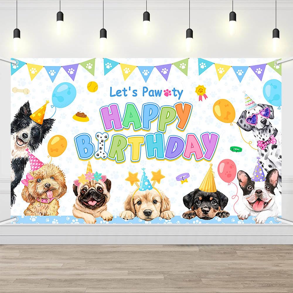 Photo 1 of AIBIIN Dog Birthday Decorations Blue Puppy Dog Birthday Party Banner Let's Pawty Dogs Kids Birthday Photography Backdrop Indoor and Outdoor 70.8x43.3 inch