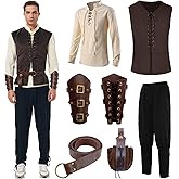7PCS Mens Renaissance Costume Medieval Viking Outfit Pirate Shirt Pant Tunic Vest Belt Accessories for Halloween