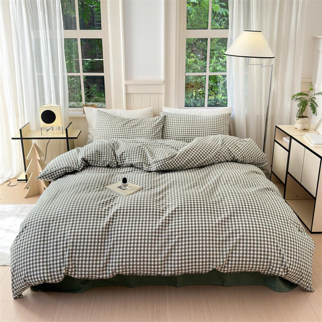 Ruccit Green Gingham Duvet Cover Double 100% Washed Cotton Tan Plaid Grid Duvet Cover Set Double Bed Checkered Pattern 3PCS Quilt Cover Bedding Set with Zipper Closure Corner Ties,Soft,Breathable